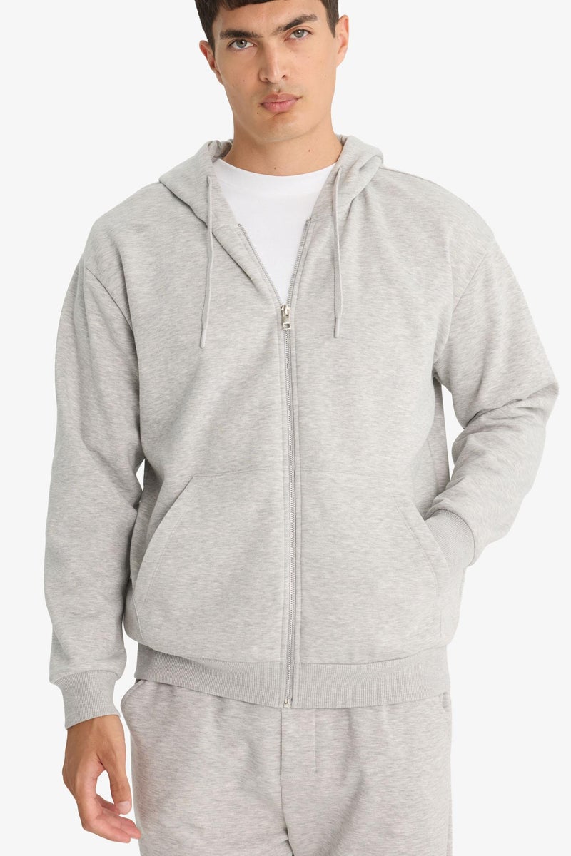 DeFacto Grey Man Relax Fit Hooded Zippered Basic Thick Sweatshirt Casual - Image 3